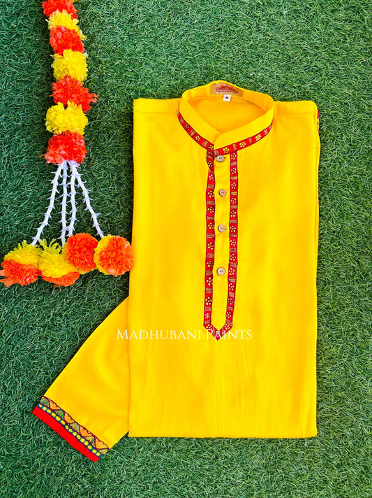 Sunehri Chhath Puja Hand-painted Madhubani Men's Cotton Kurta