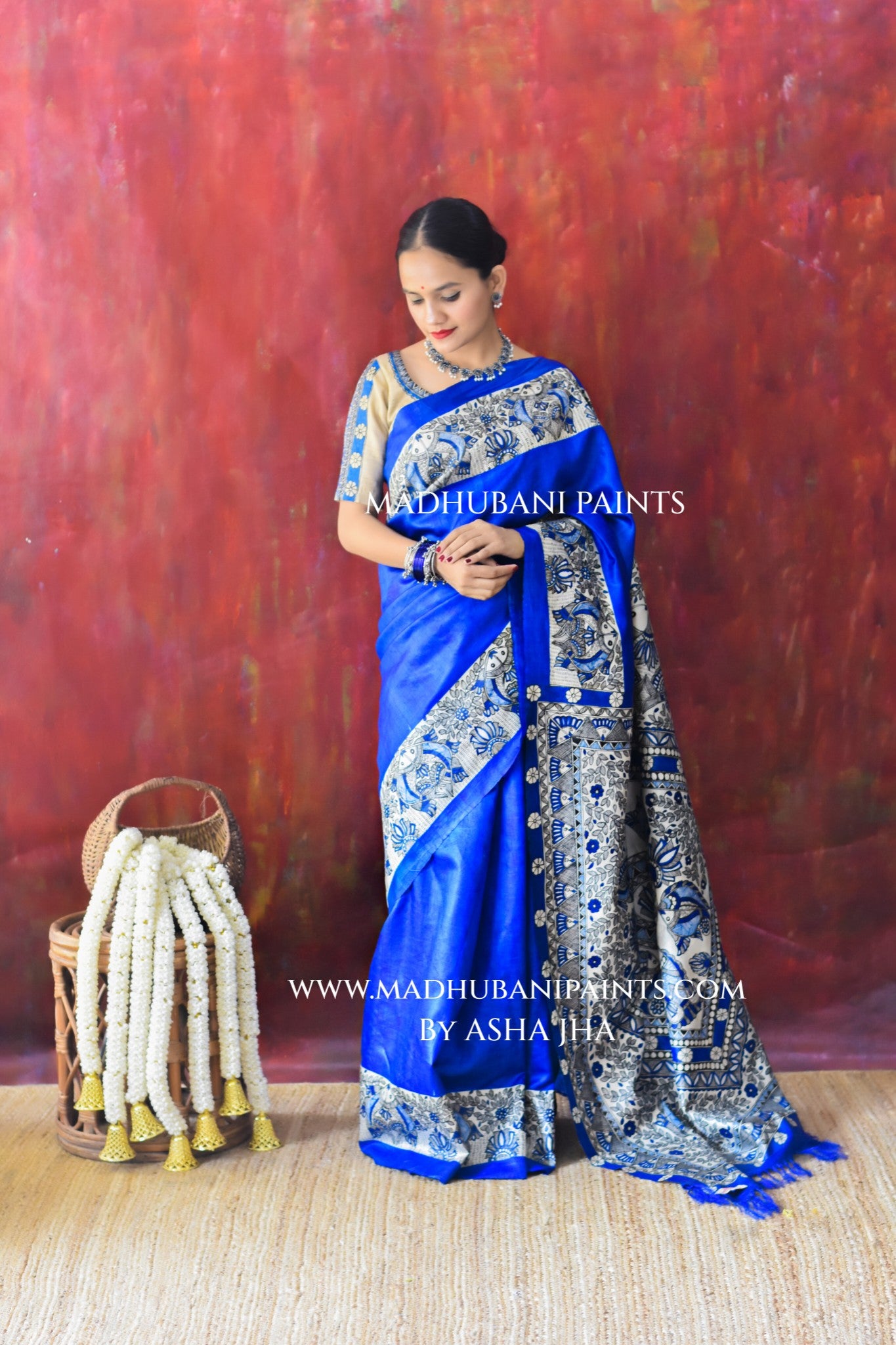 'SAUNDARYA' Hand-painted Madhubani Tussar Silk Saree Blouse Set