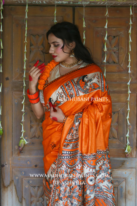 KESARIYA NAINTARA Handpainted Tussar Silk Madhubani Saree