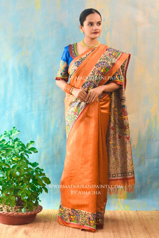 'NARANGI DOLI' Hand Painted  Madhubani Tussar Silk Saree