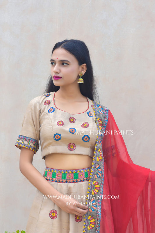 RADHA KRISHNA SANGEET Hand-painted Madhubani Lehnga