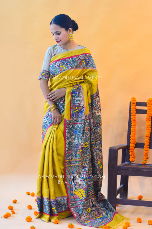 "Peela Ramayan" Hand-painted Madhubani Tussar Silk Saree