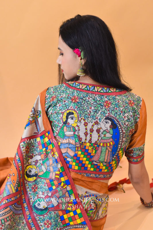 MITHILA MADAPAM Hand-painted Tussar Silk Saree Blouse Set