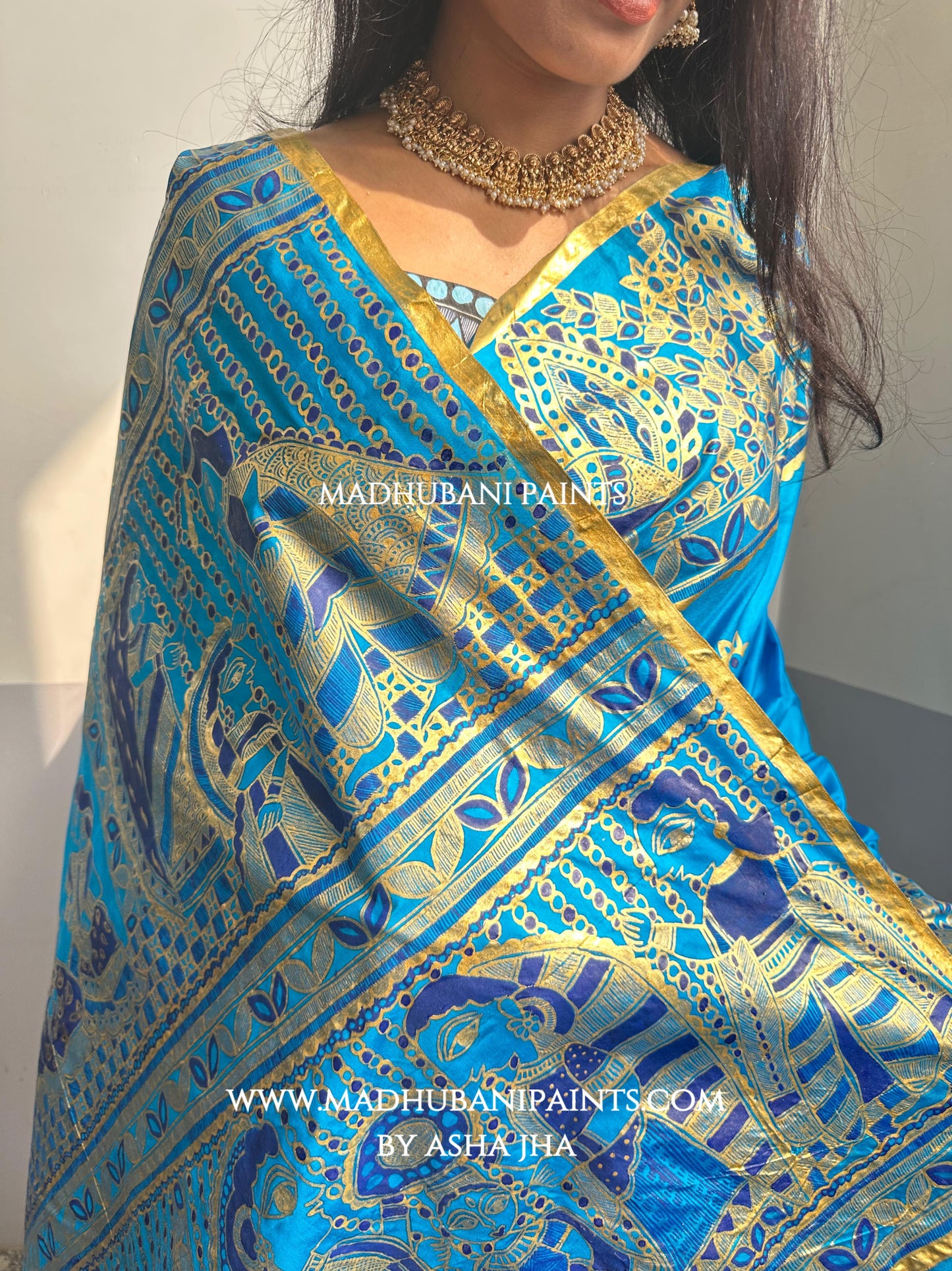 AASMANI KANYADAAN Hand-painted Madhubani Kanjeevaram Silk Saree