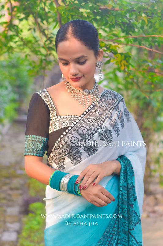 Neel Ujala Hand-painted Madhubani Chiffon Saree