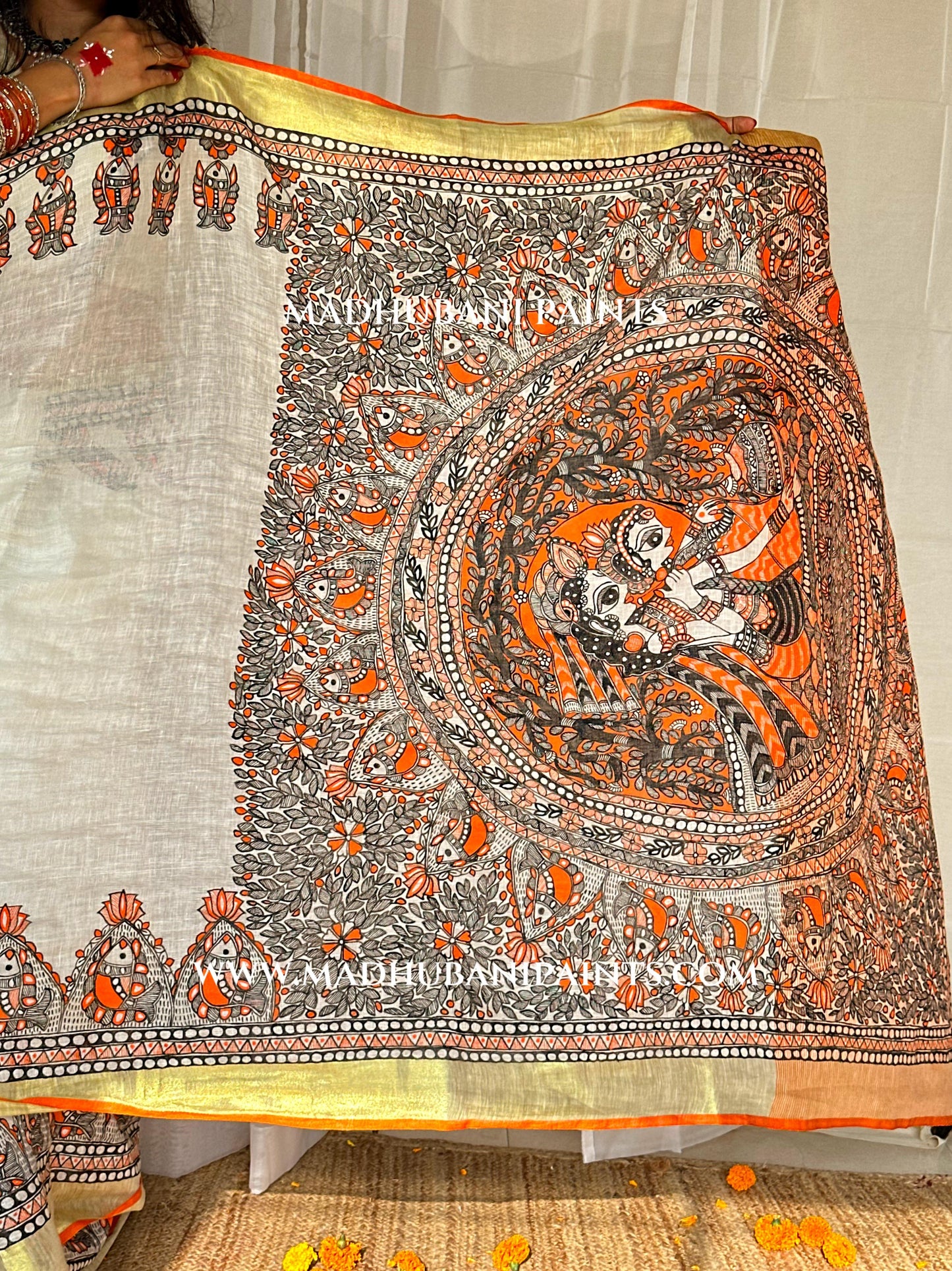 Linen Radha Krishna Hand-painted Madhubani Painting Saree