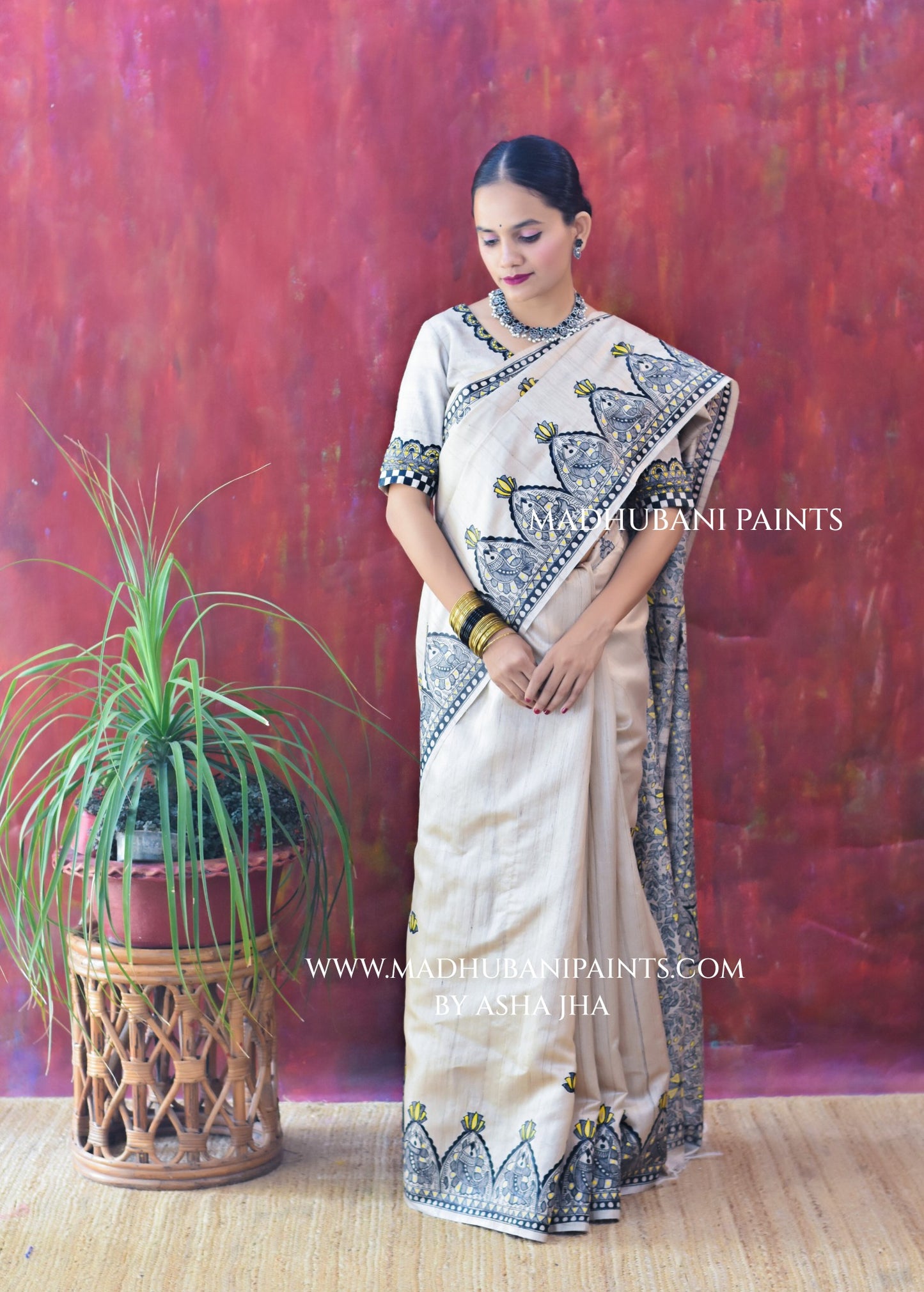 KAMAL MANDALA Hand-painted Madhubani Tussar Silk Saree Blouse Set