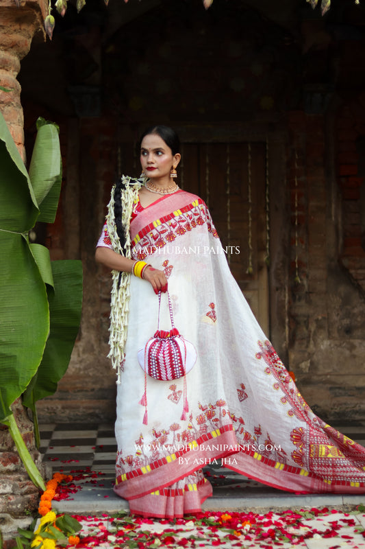 KAMLA Handpainted Linen Madhubani Saree Blouse Set