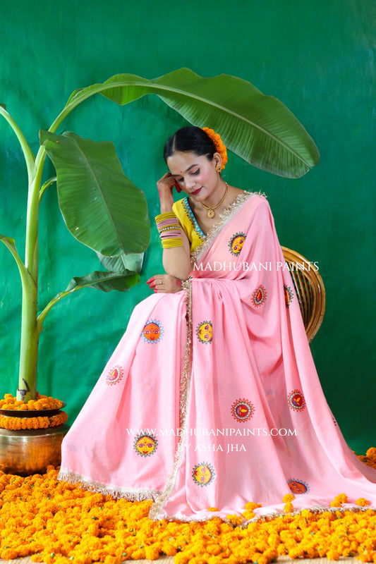 SURYA Chhath Puja Handpainted Madhubani Mul Cotton Saree Blouse Set