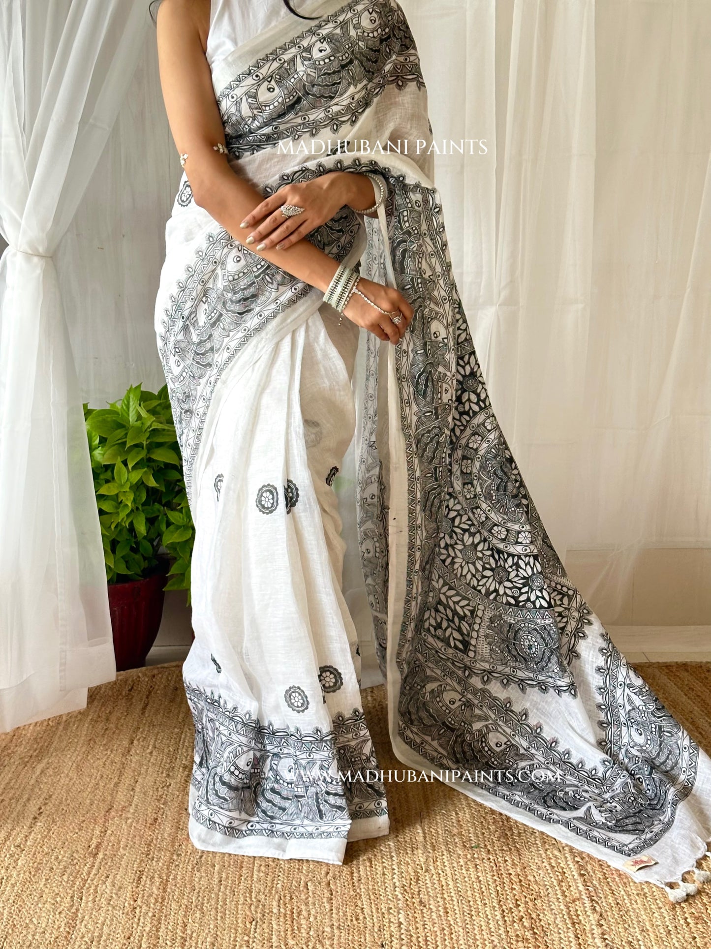 Linen Sagar Shringar Hand-painted Madhubani Painting Saree