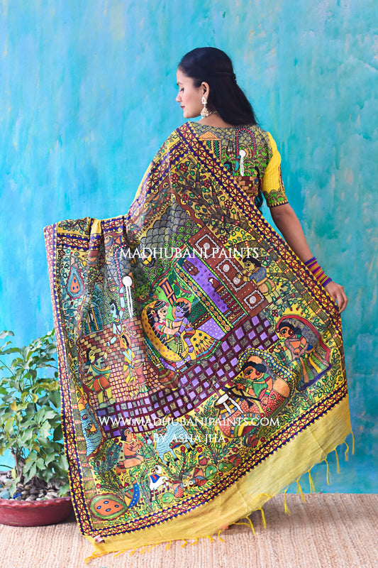 NANDLAAL KANHAIYA Handpainted Madhubani Chanderi Silk Saree Blouse Set