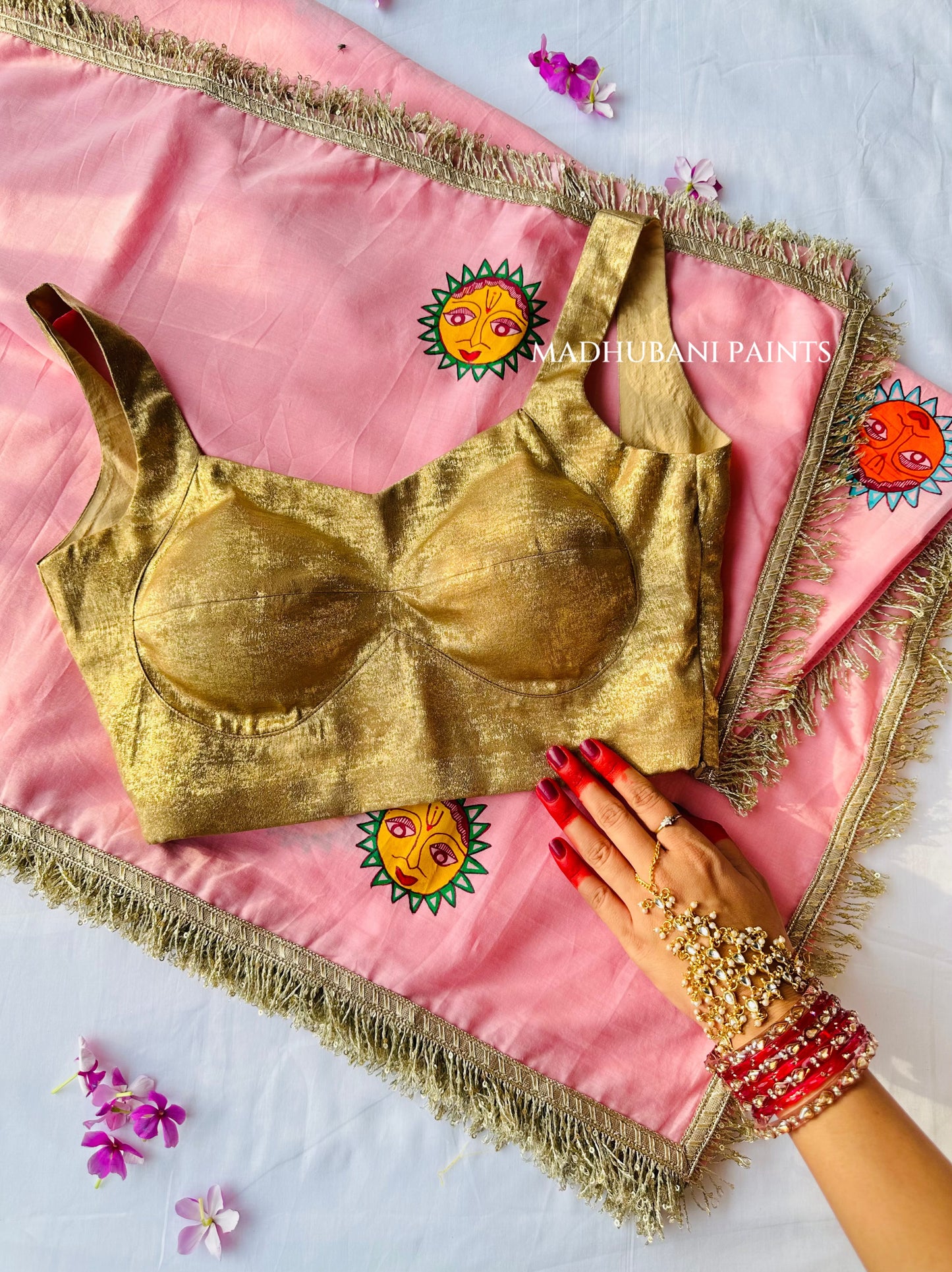 PINK SURYA Chhath Puja Handpainted Madhubani Cotton Saree Blouse Set