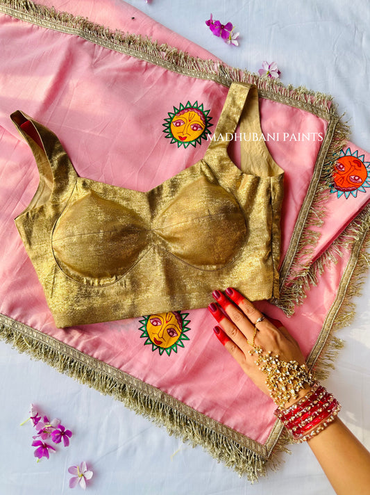 PINK SURYA Chhath Puja Handpainted Madhubani Cotton Saree Blouse Set