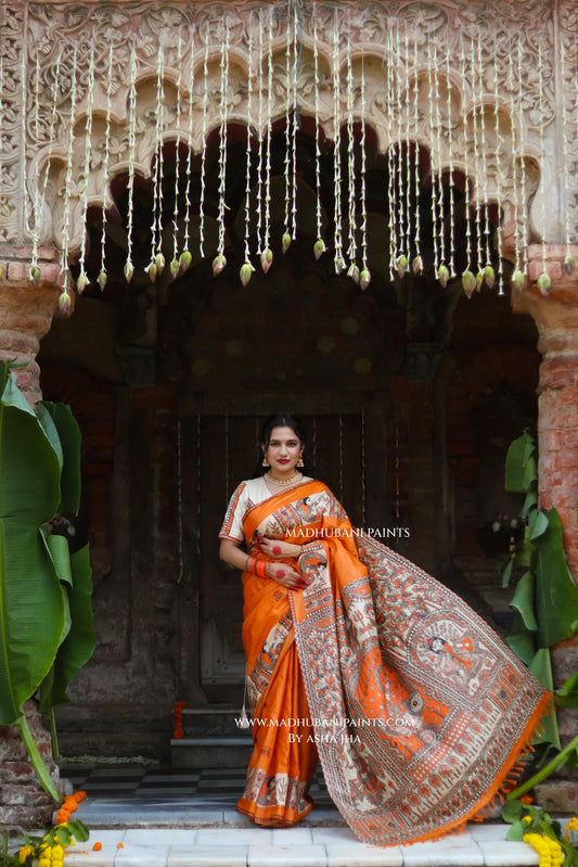 KESARIYA NAINTARA Handpainted Tussar Silk Madhubani Saree Blouse Set