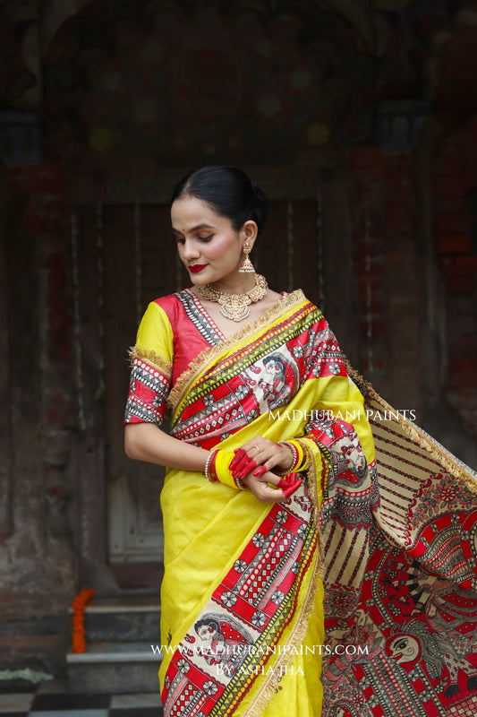 TARA Handpainted Tussar Silk Madhubani Saree Blouse Set