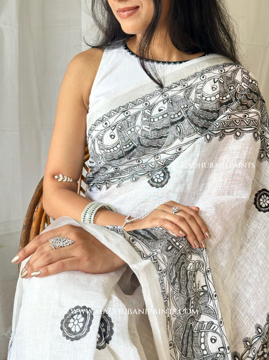 Linen Sagar Shringar Hand-painted Madhubani Painting Saree