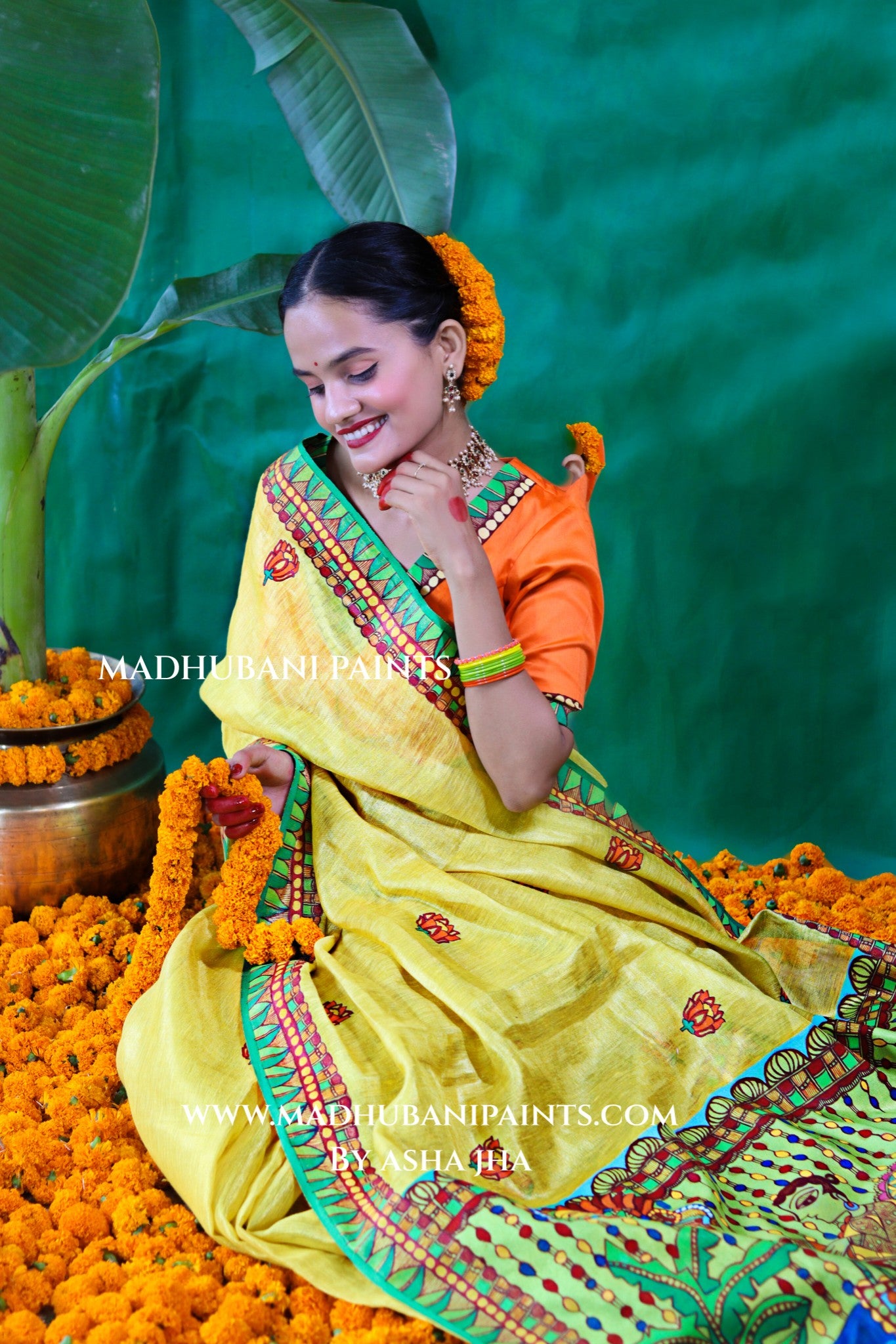 VRATI Chhath Puja Handpainted Madhubani Tissue Linen Saree