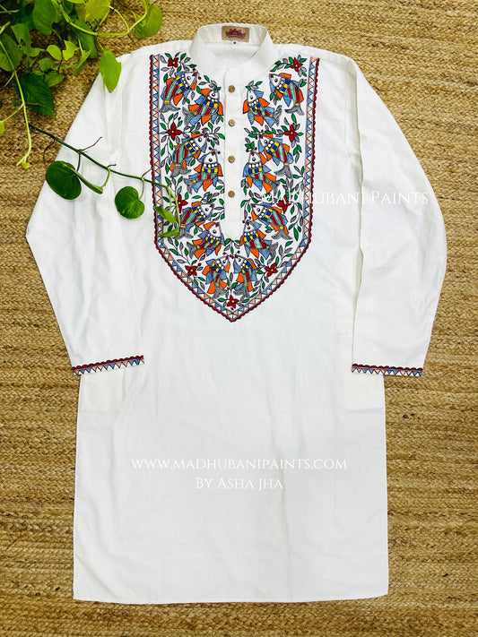 White Multicoloured Men's Fish Hand-painted Handloom Cotton Kurta