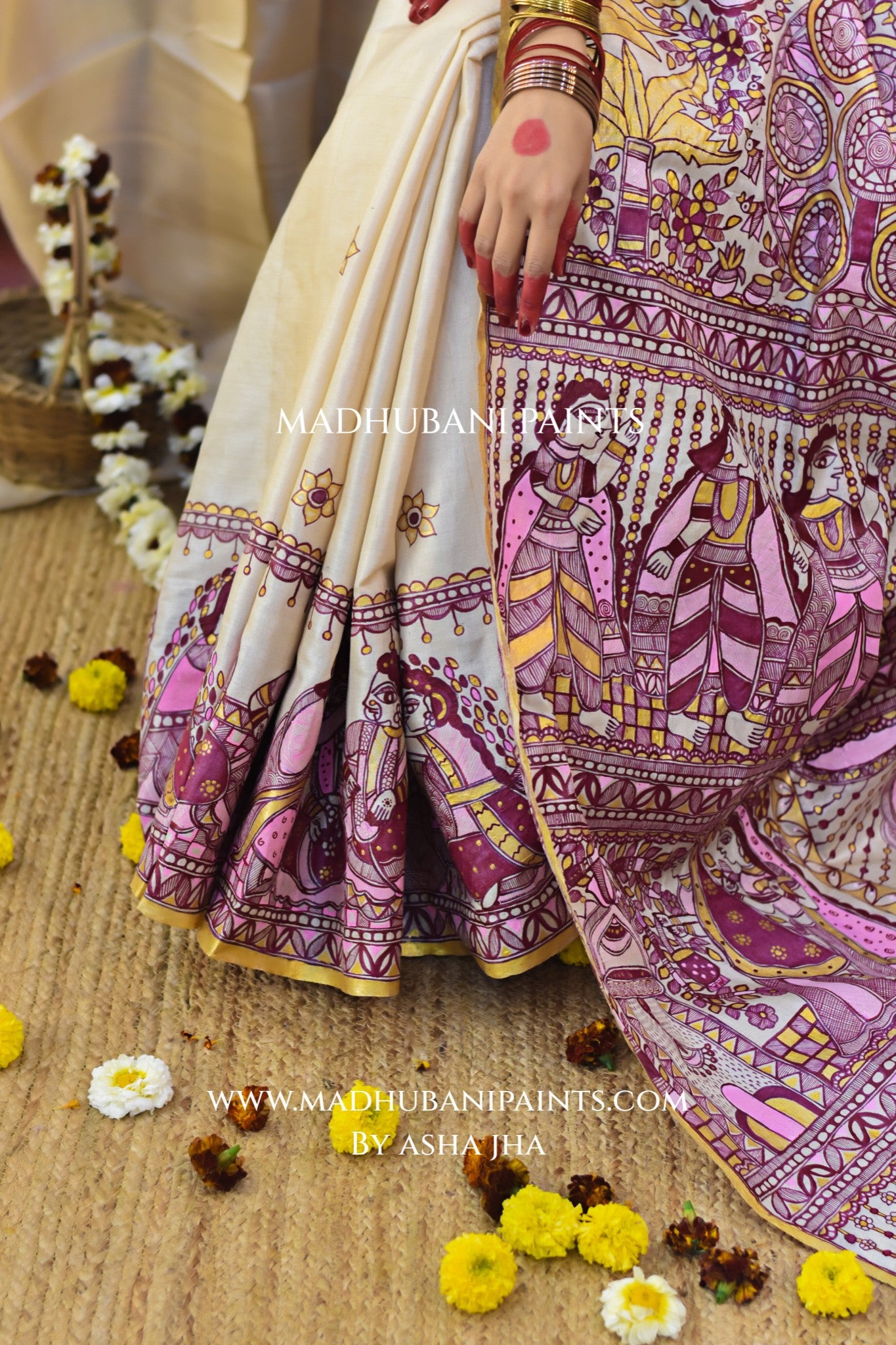 SUHAGIN Hand-painted Madhubani Tussar Silk Saree Blouse Set