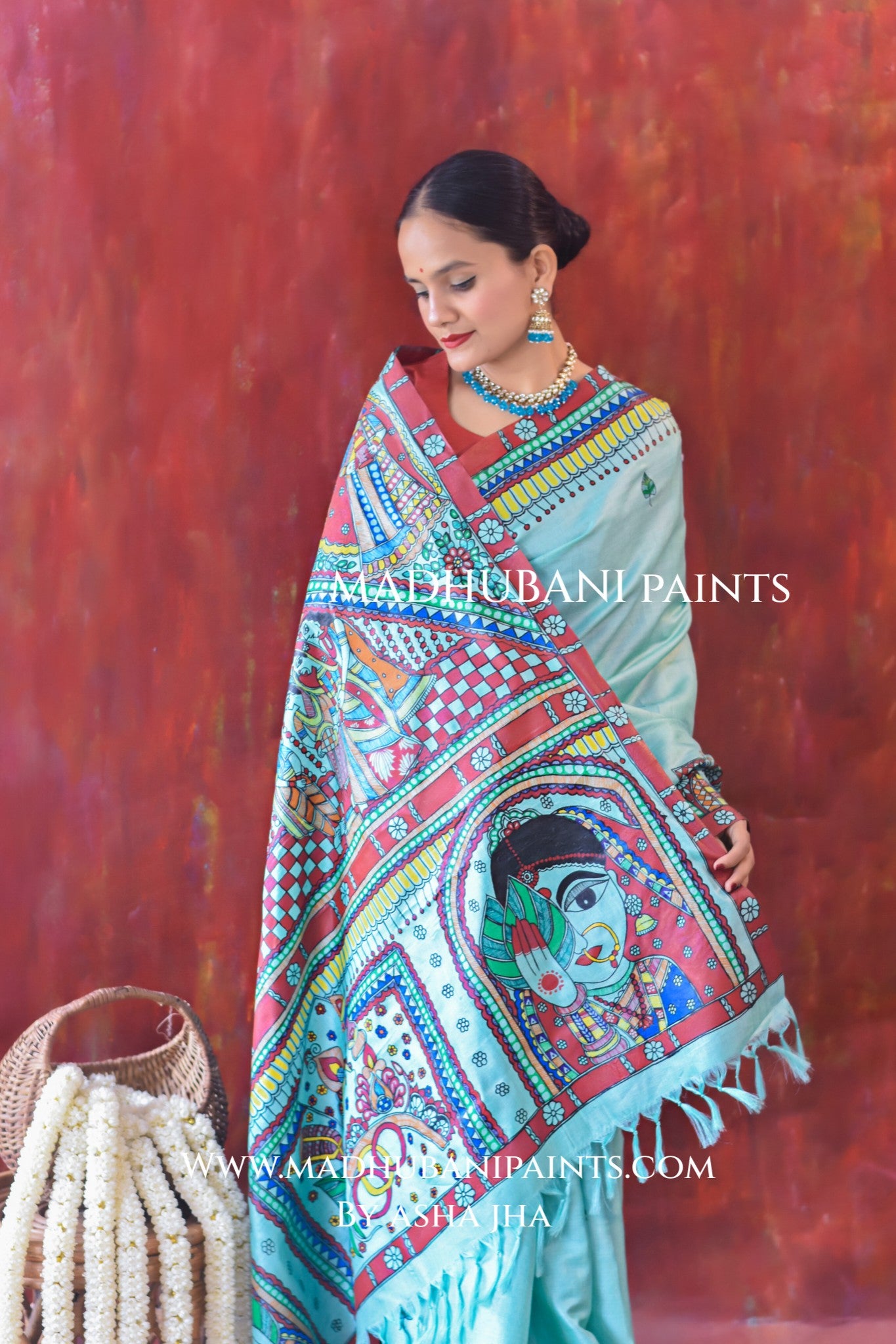 AASMANI MANGALYA Hand-painted Madhubani Tussar Silk Saree Blouse Set