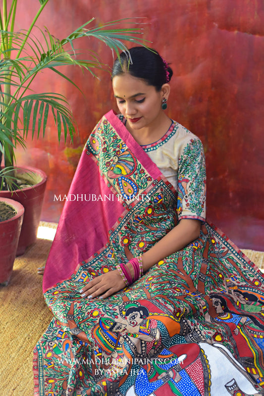 RASRAJ Hand-painted Madhubani Tussar Silk Saree