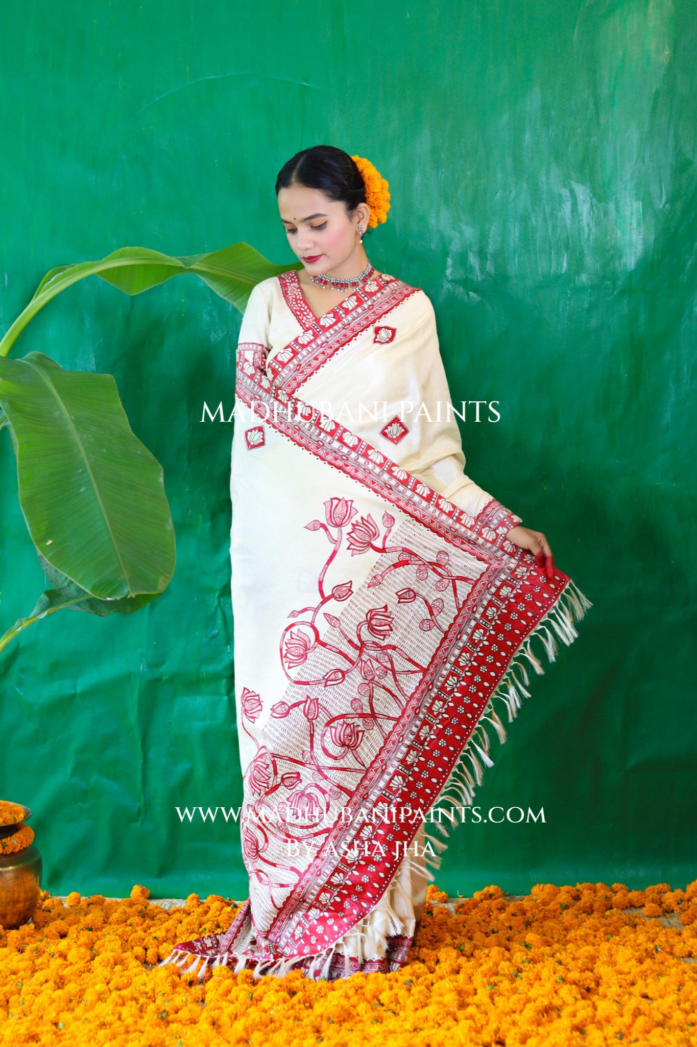 KAMALAKSHI Chhath Puja Handpainted Madhubani Tussar Silk Saree Blouse Set