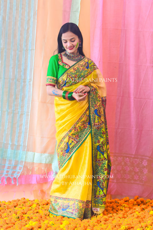 UMANG Hand-painted Madhubani Tissue Linen Saree Blouse Set