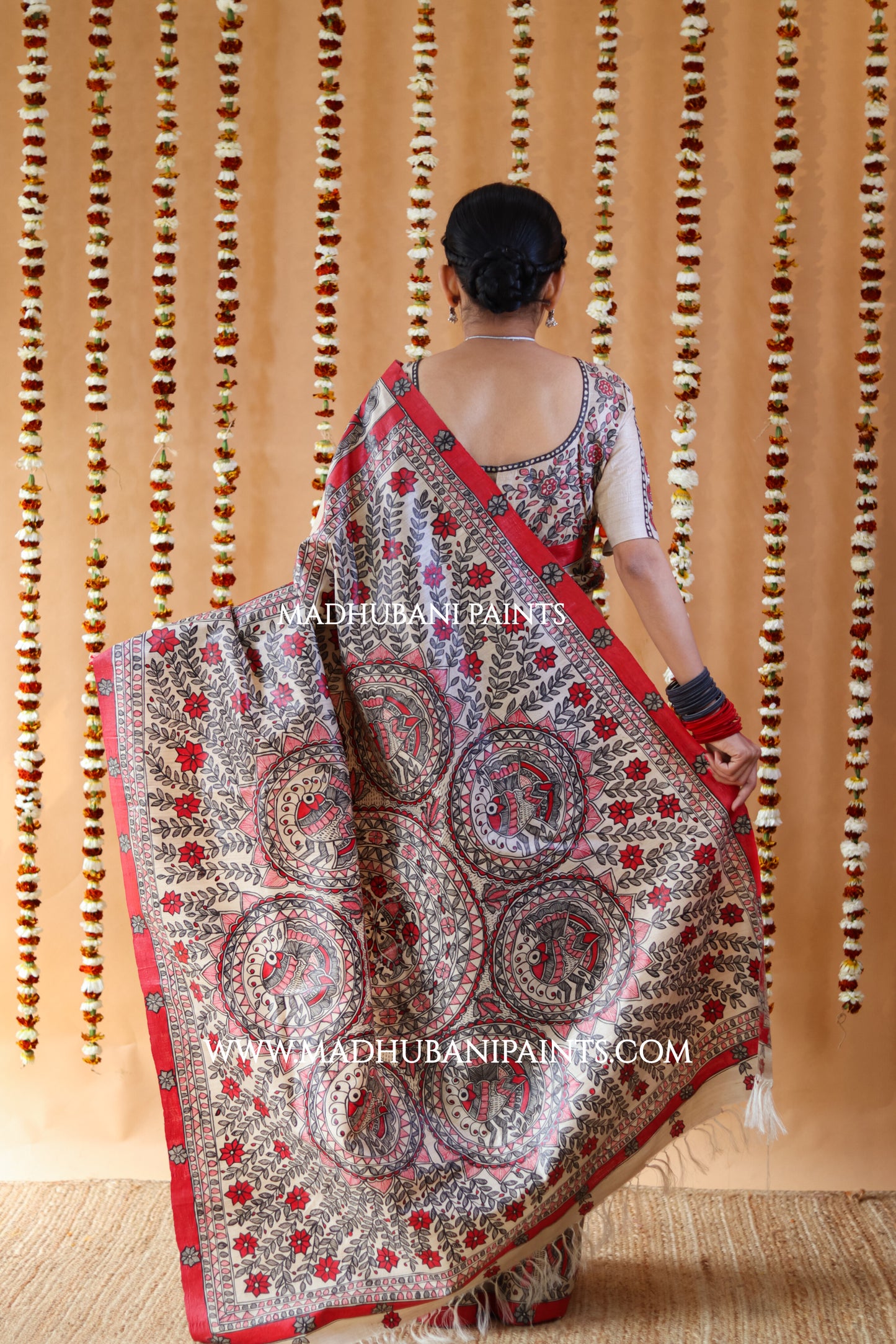 'MORNI' Handpainted Madhubani Tussar Silk Saree Blouse Set