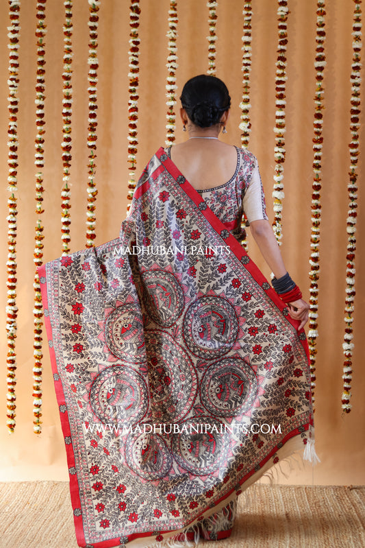 'MORNI' Handpainted Madhubani Tussar Silk Saree