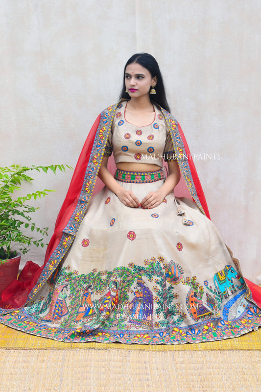 RADHA KRISHNA SANGEET Hand-painted Madhubani Lehnga