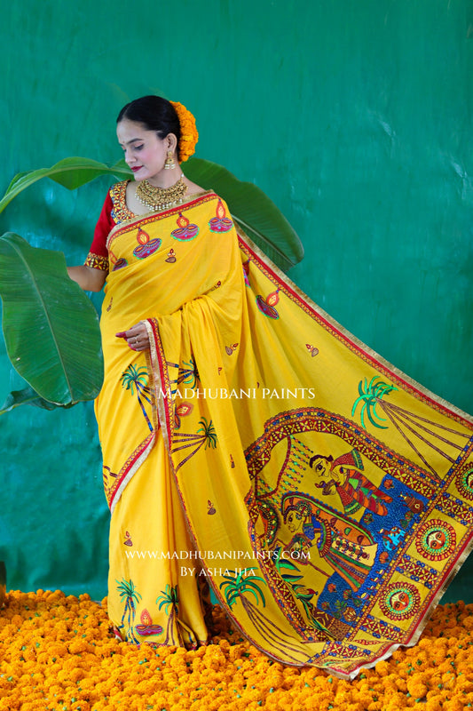 CHHATH PARV Hand painted Madhubani Mul Cotton Saree Blouse Set