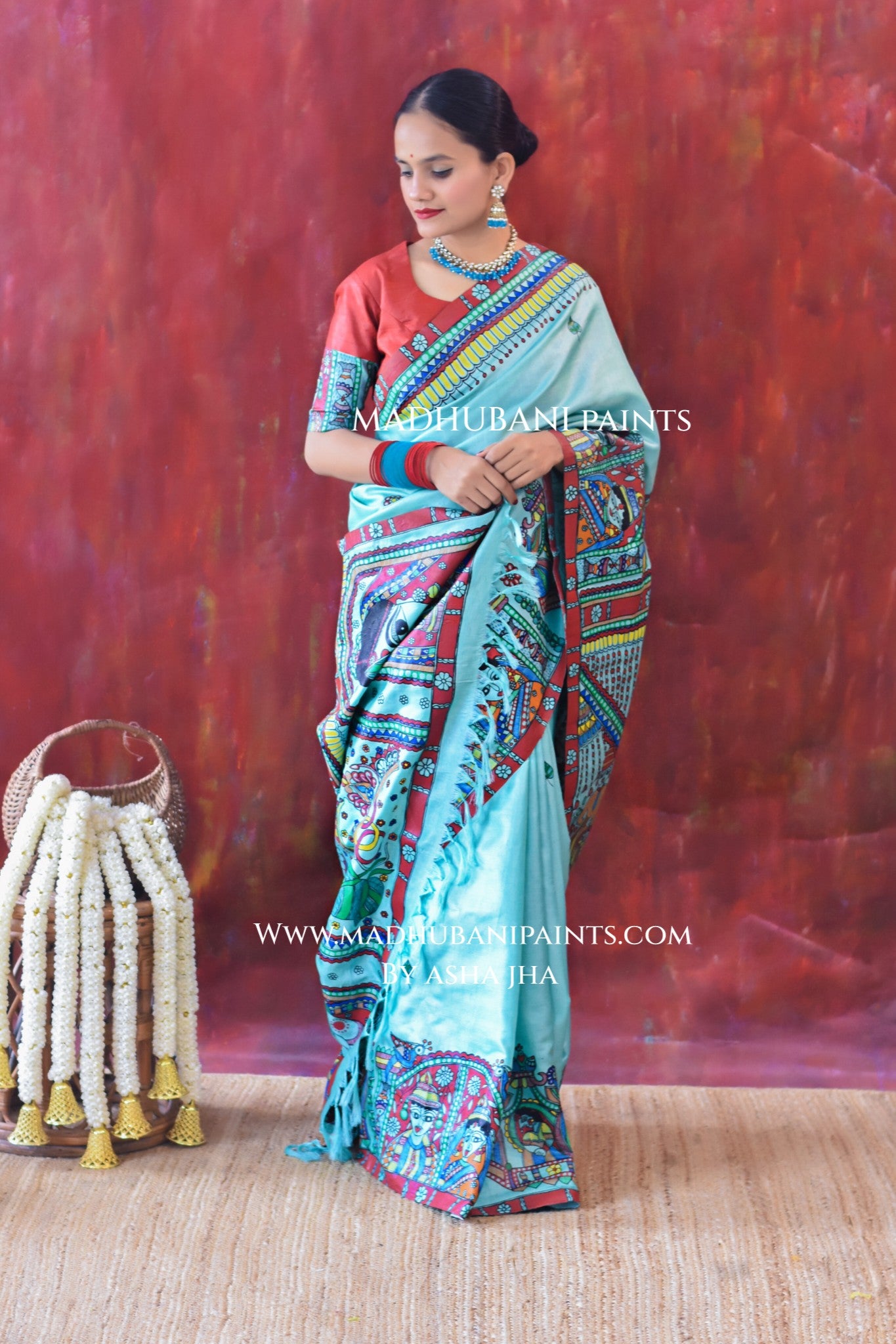 AASMANI MANGALYA Hand-painted Madhubani Tussar Silk Saree Blouse Set