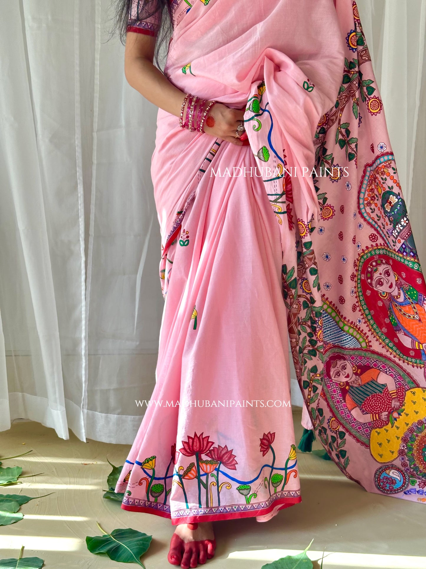 Madhushravani Pink Bridal Hand-painted Madhubani Painting Cotton Saree