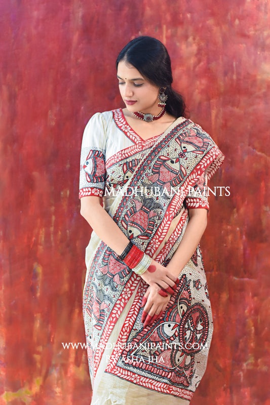 JAL TARANG Hand-painted Madhubani Chanderi Saree