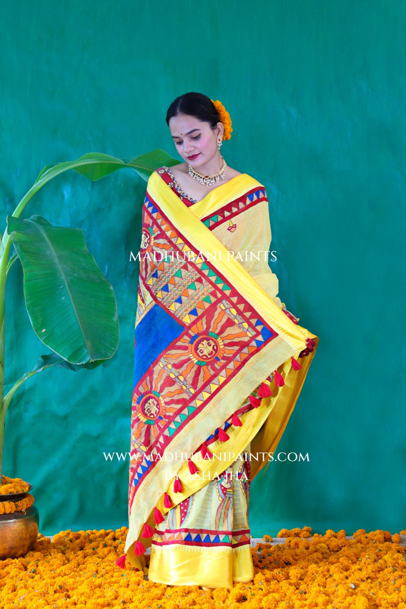 Chhath Puja Handpainted Madhubani Handloom Cotton Saree