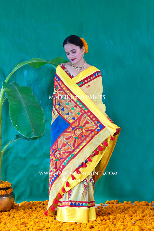 Chhath Puja Handpainted Madhubani Handloom Cotton Saree