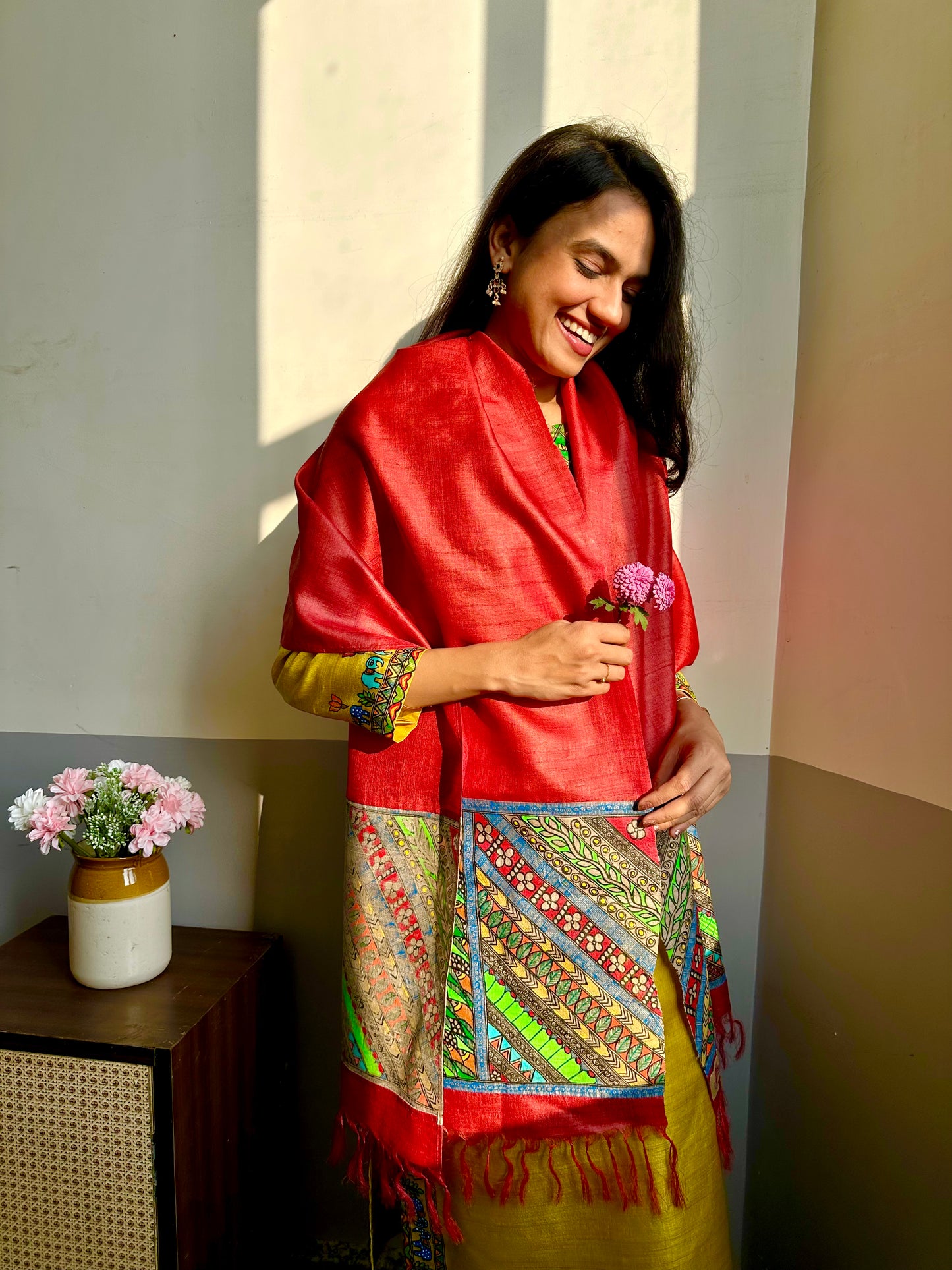 Bharni Fish Hand-painted Madhubani Tussar Silk Stole