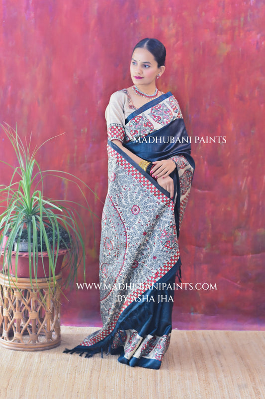 SAMUNDRAMAYI Hand-painted Madhubani Tussar Silk Saree Blouse Set
