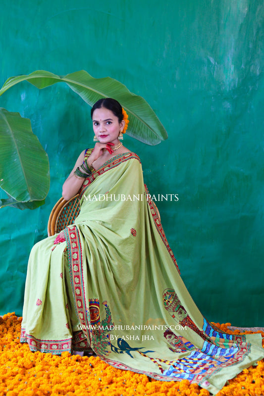 BHAKTI BHAVA Chhath Puja Hand painted Madhubani Mul Cotton Saree