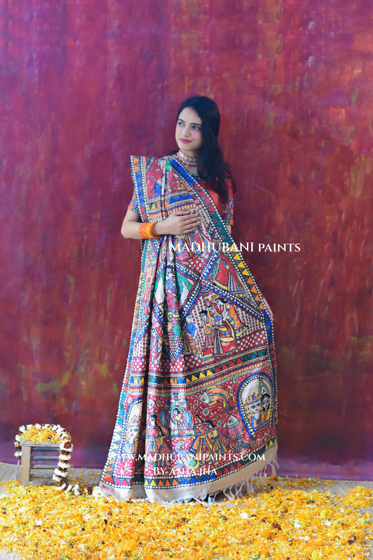 Bengali Vivah Hand-painted Madhubani Tussar Silk Saree