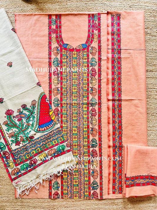 Gopiyaa Kamal Hand-painted Madhubani Painting Cotton Unstitched Kurta Pant Dupatta Set