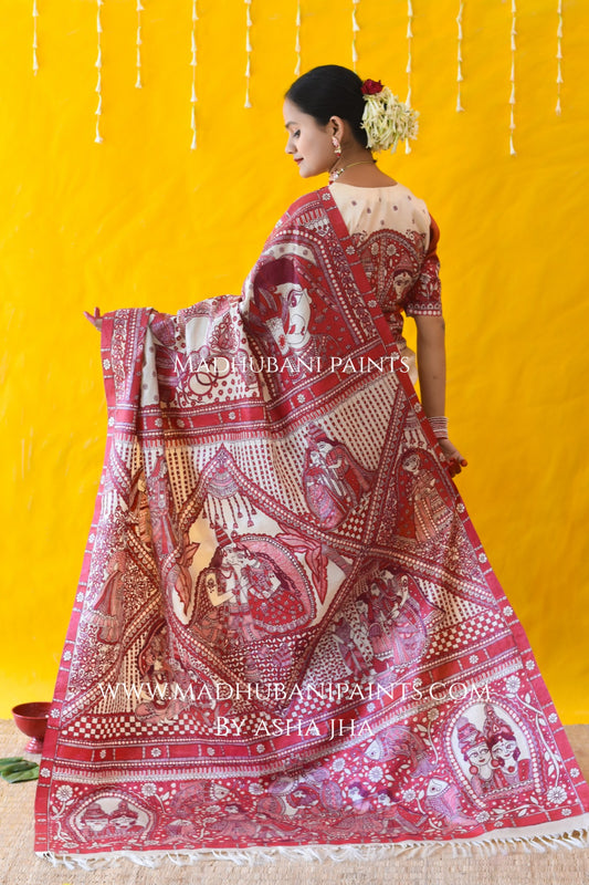 MADHUBANI MANGALYA Hand-painted Madhubani Tussar Silk Saree Blouse Set
