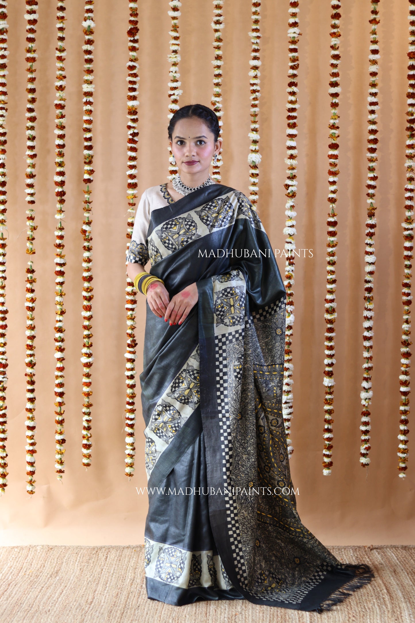 SAMUNDRAMAYI Yellow Hand-Painted Madhubani Tussar Silk Saree