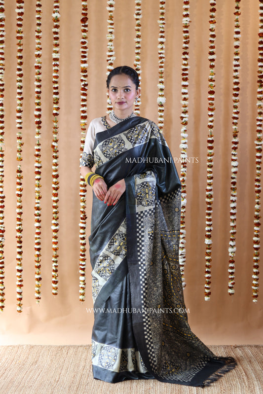 SAMUNDRAMAYI Yellow Hand-Painted Madhubani Tussar Silk Saree