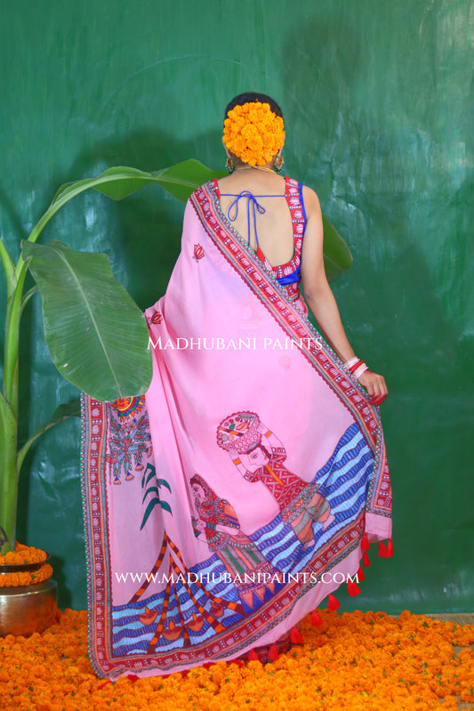 GULABI BHAKTI BHAVA Chhath Puja Hand painted Madhubani Georgette Saree