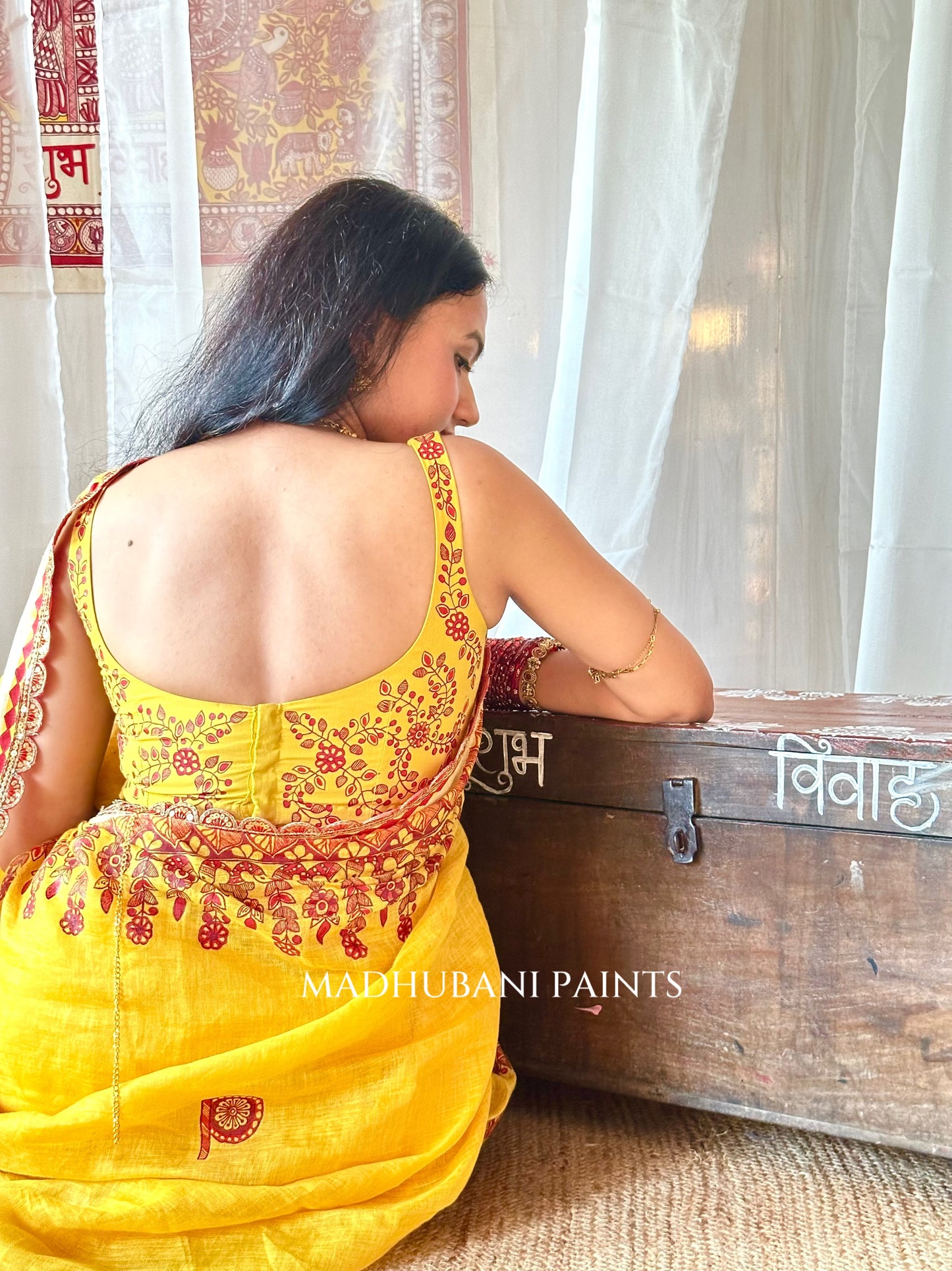Haldi Bridal Hand-painted Madhubani Painting Saree Blouse Set