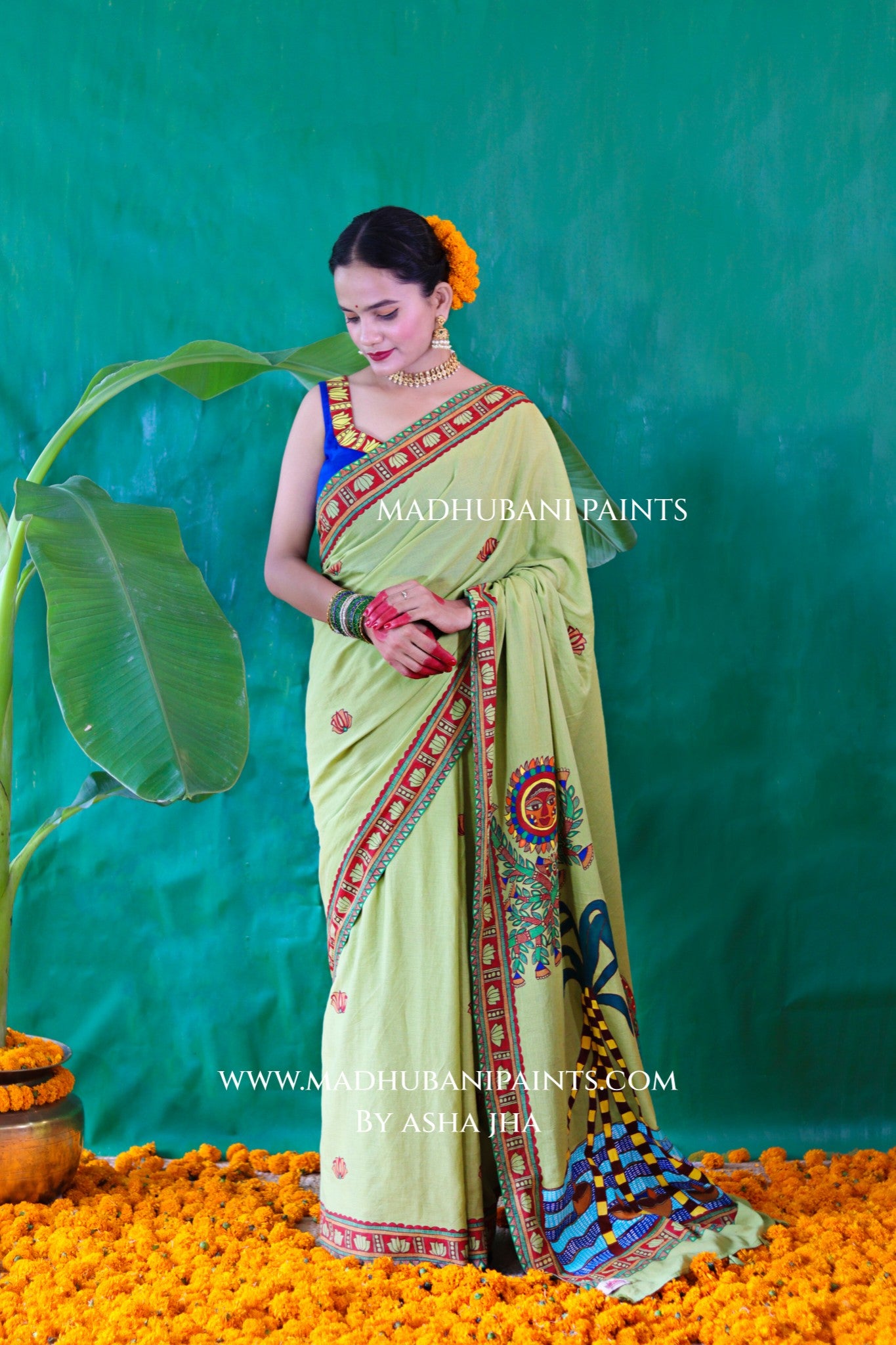 BHAKTI BHAVA Chhath Puja Hand painted Madhubani Mul Cotton Saree