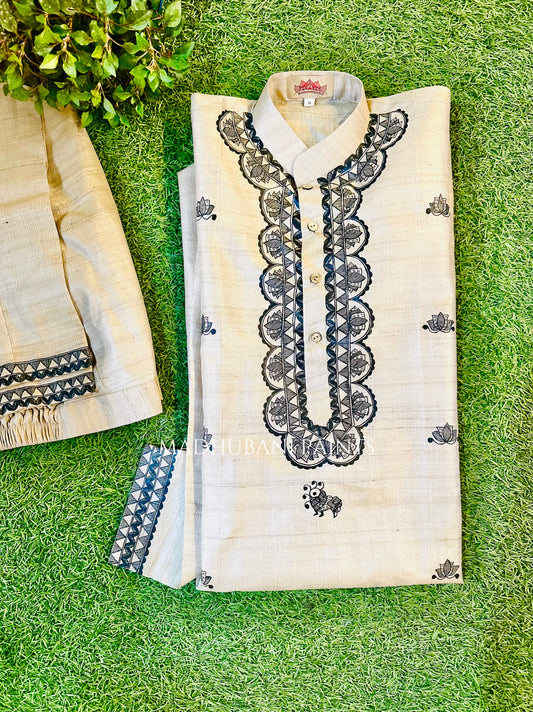 PANKHI Hand-painted Madhubani Men's Tussar Silk Kurta Pant Set