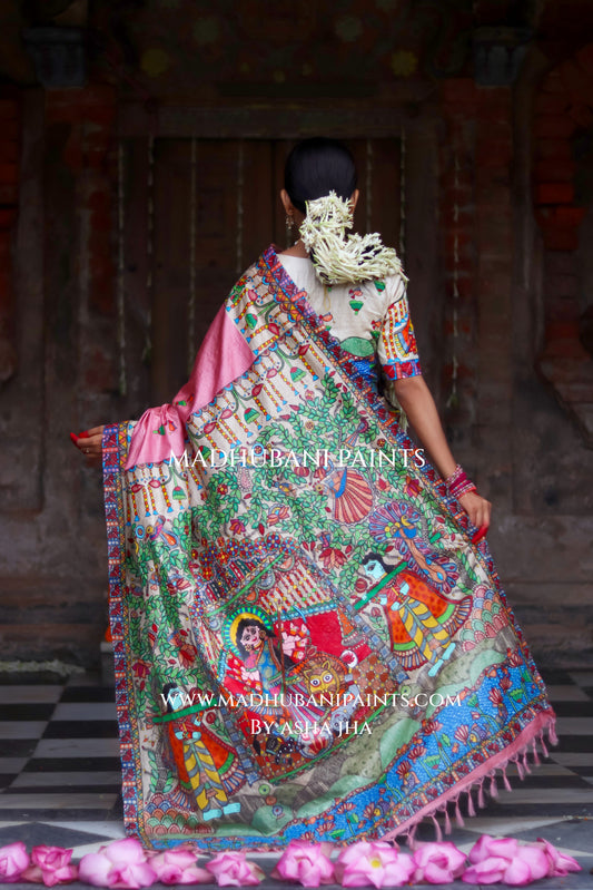 Durga Ji Ki Palki Handpainted Tussar Silk Madhubani Saree Blouse Set