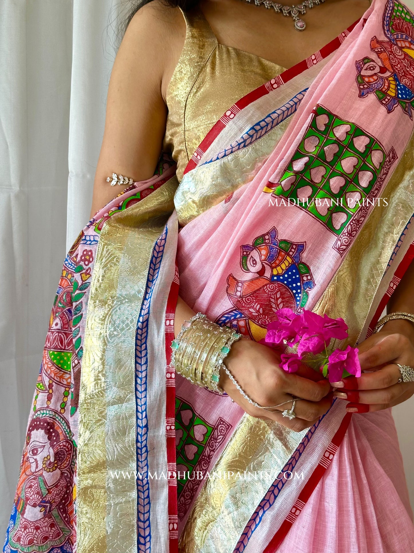 Gulabi Bridal Hand-painted Madhubani Painting Saree